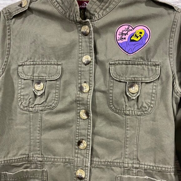 💗Vintage Jordache Olive Utility Jacket Custom “Live Laugh Love” Skeletor Patch - Picture 3 of 8
